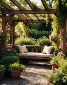 a wooden bench sitting under a pergoline covered with plants and flowers in pots