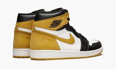 The "Best Hand in the Game" collection of Air Jordan 1s pays tribute to Michael Jordan’s many career accolades.  Each sneaker in the pack, which was released in 2018, has a playing card theme.  This Air Jordan 1 “Yellow Ochre” represents Jordan's five NBA MVP awards and shows a royal flush of MVP cards on the insole.  The premium sneaker is constructed with soft Yellow Ochre nubuck wrapping the heel of the shoe.  The rest of the upper is crafted from white and black leather. Jordan 1 Yellow, Nike Airmax 97, Nike Airmax 95, Nike X Travis Scott, Nba Mvp, Air Jordan 1s, Nike Airforce 1, Limited Edition Sneakers, Adidas Spezial