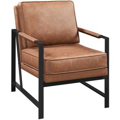 a brown leather chair with black metal frame and arm rests on an isolated white background