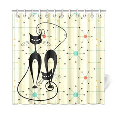 a shower curtain with two black cats on it's side and dots in the background