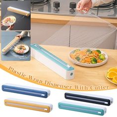 the plastic wrap dispenser with cutters is ready to be used for food preparation