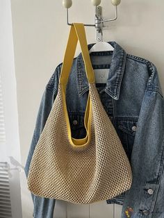 Bird in Bag - Contrast Color Large Capacity Straw Woven Tote Bag Casual Yellow Hobo Bag, Casual Yellow Straw Bag For Everyday, Casual Everyday Yellow Straw Bag, Woven Tote Bag, Open Design, Bird In Bag, Color Khaki, Bag Pattern, Polyester Material