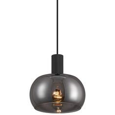 a glass light fixture with a black cord hanging from it's end and an orange light bulb in the middle