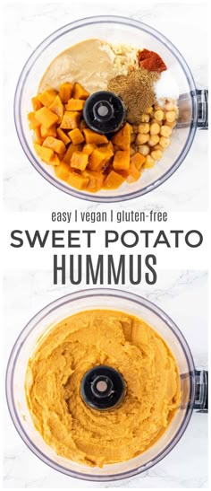 the ingredients for sweet potato hummus in a food processor