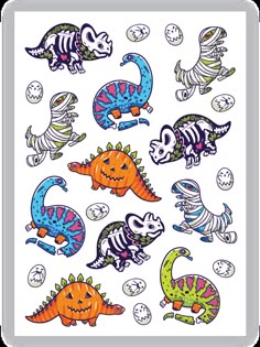 an assortment of colorful dinosaurs stickers on a white background