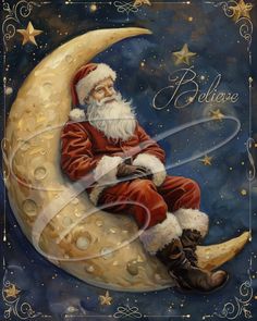 a painting of santa sitting on the moon