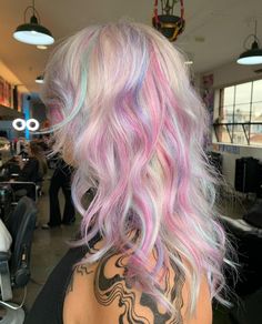 Pink Blue Blonde Hair, Blonde Hair Fun Color Ideas, Pastel Color Block Hair, Oil Spill Hair Blonde, Blonde With Coloured Highlights, Blonde With Rainbow Highlights, Pastel Highlights In Blonde Hair, Pastel Rainbow Highlights, Blonde With Color