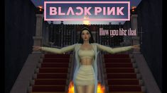 a woman standing in front of stairs with her arms out and the words, black pink why you're that?