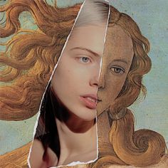 a woman's face is seen through a torn piece of art with long hair