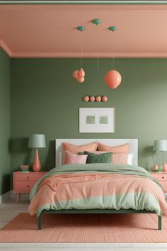 a bedroom with green walls, pink and white furniture and lamps on the ceiling above the bed