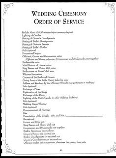 the wedding ceremony order is shown in black and white