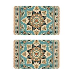 two blue rugs with an ornate design on them