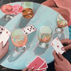 a painting of people playing cards at a table with wine glasses and cups on it