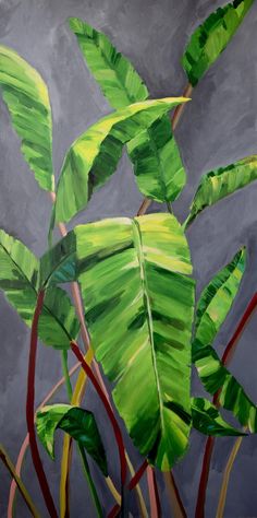 a painting of green leaves on a gray background