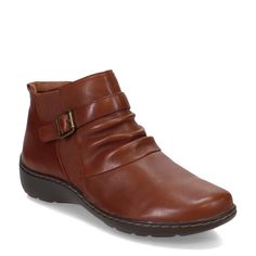 PRICES MAY VARY. Rouching on the instep and a strap and buckle gives the upper extra visual interest 1.75" heel height Soft synthetic outsole provides comfort all day Clarks Women's, Genuine Leather Shoes, Dark Tan, Brown Ankle Boots, Winter Boots Women, Boot Shoes Women, Winter Boots, Tan Leather, Leather Shoes