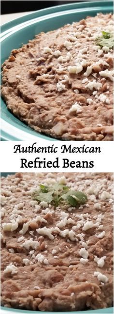 an image of mexican refried beans on a plate with text overlaying it