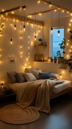 a bedroom with lights strung from the ceiling and a bed in front of a window