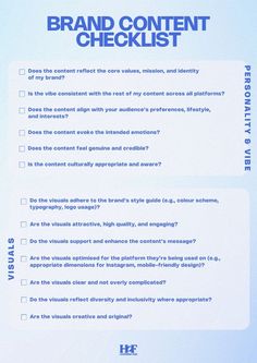 a blue and white brochure with the words'brand content checklist '