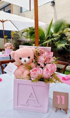 a pink teddy bear sitting in a flower pot on top of a white table cloth