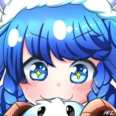 an anime character with blue hair and big eyes holding a stuffed animal in her hands