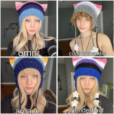 four different pictures of a woman wearing a cat hat with the words omni, curiomanite, and grace written on it