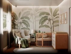 a baby's room decorated in neutral colors