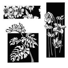 three black and white images with flowers on them