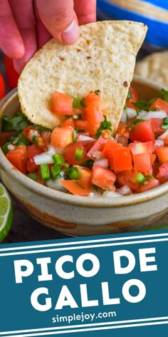 a hand dipping a tortilla into a bowl filled with pico de gallo