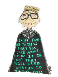 a drawing of a woman with glasses and a crown on her head, wearing a black dress