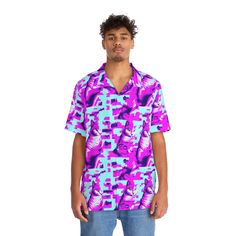 Get ready for summer with our men's Hawaiian shirt in Neon Meow style! This button-down shirt features a vibrant vaporwave style print, perfect for clubbing or even at work. Made from high-quality materials for ultimate comfort. Available in various sizes. Order now for a colorful and stylish addition to your summer wardrobe! Made to have a boxy fit and a notch lapel collar that are perfect for any laidback scenario, these shirts come with a handy chest pocket and a 95% polyester and 5% spandex Vaporwave Anime, Rave Pants, Hawaiian Summer, Evening Blouses, Summer Party Outfit, Be More Chill, Get Ready For Summer, Sleeveless Hoodie