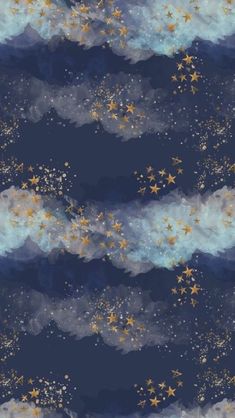 the stars are flying in the sky with clouds and watercolors on it, as well as gold glitter