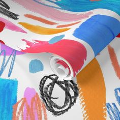 an abstract painting pattern on white paper with blue, orange and pink colors in the background