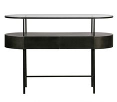 an oval table with two shelves on each side and a black metal frame around it