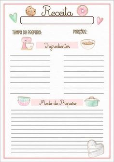 a recipe card with doughnuts and other items in pink, white and blue