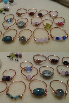 two pictures of different types of rings and beads on a table with one being made out of copper wire