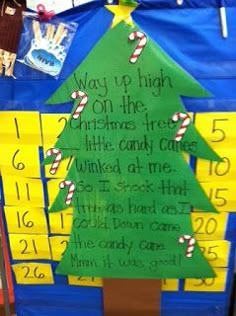 a bulletin board with a christmas tree on it and candy canes hanging from the top