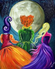 an image of three women in colorful dresses looking at the moon with flowers on their heads