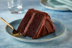 a slice of chocolate cake on a plate with a fork