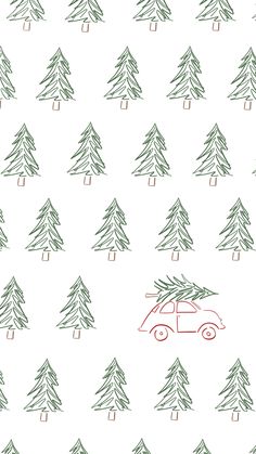 a red car driving through a forest filled with pine trees on a white wallpaper background