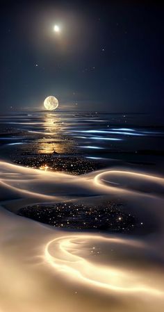 the moon is shining over the ocean at night with some waves in front of it