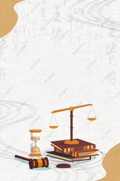 an illustration of a balance scale with books and a hammer on the ground next to it