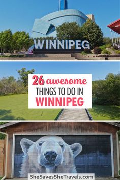 there are two pictures with the words winnipeg and an image of a polar bear