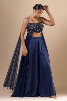 Navy blue padded crop top embroidered with sequin, cutdana, crystal, swarovski work. Paired with palazzo. - Aza Fashions Indian Outfits Modern, Padded Crop Top, Satin Embroidery, Embroidered Crop Tops, Palazzo Set, Set For Women, Indian Outfits, Aza Fashion, Skirt Top