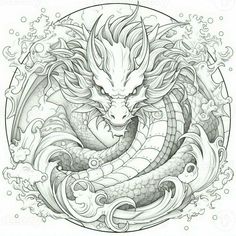 a dragon tattoo design with waves and clouds