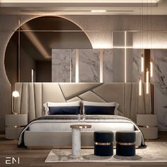 a modern bedroom with marble walls and flooring