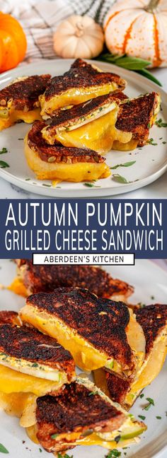 grilled cheese sandwich with pumpkins in the background and text overlay that reads, autumn pumpkin grilled cheese sandwich