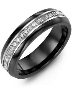 men's wedding band with channeled diamonds in black ceramic and 18k white gold