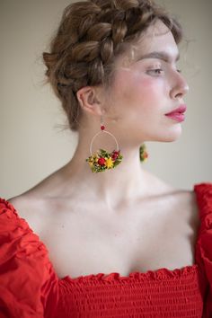 Summer Yellow and Red Flower Earrings for Bride Circle Floral - Etsy Yellow Flower Drop Earrings For Wedding, Handmade Yellow Flower Earrings For Wedding, Wedding Dangle Earrings, Blue Earrings Wedding, Earrings For Bride, Red Flower Earrings, Dried Flower Jewelry, Flower Earrings Gold, Pastel Earrings