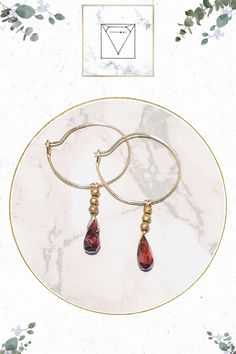 Dangling hoop earrings with red garnet gemstone drops and gold plated hematite gemstone in 14k yellow gold filled Red Hoop Jewelry For Everyday, 14k Gold Filled Nickel-free Drop Jewelry, Nickel-free 14k Gold Filled Drop Jewelry, Everyday Red Metal Jewelry, Everyday Red Hoop Jewelry, Adjustable Hypoallergenic Amber Jewelry, Handmade Adjustable Garnet Jewelry, Minimalist Red Teardrop Jewelry, Hypoallergenic Amber Teardrop Jewelry