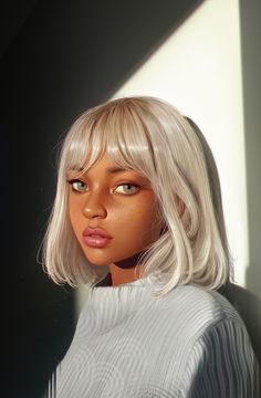 White Hair Dark Skin, Blonde Hair Characters, Dark Skin Blonde Hair, Short White Hair, Digital Portraits, Original Character, Hair Art, Character Inspo, White Hair